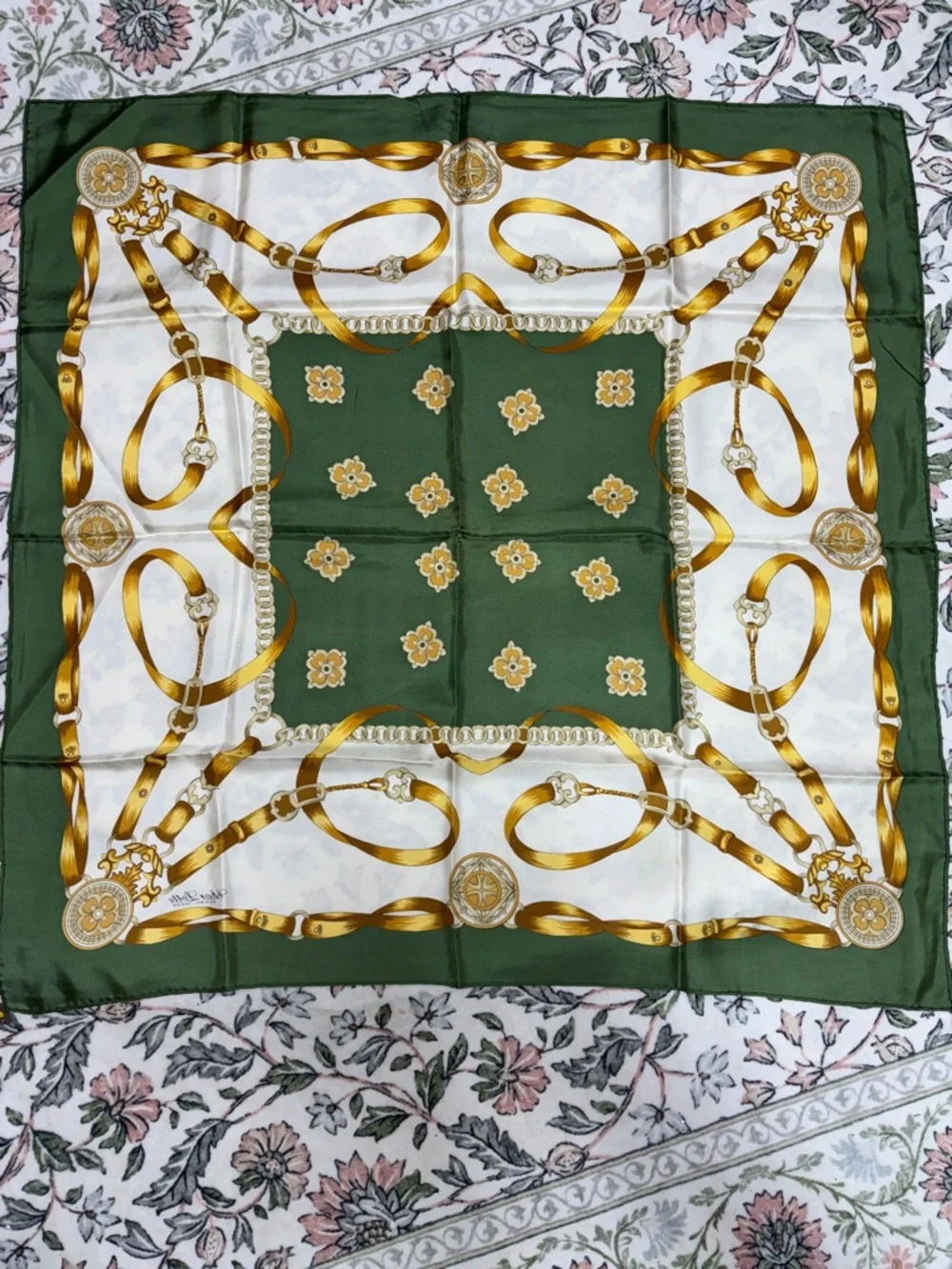Vintage Silk Green & Gold Printed Scarf